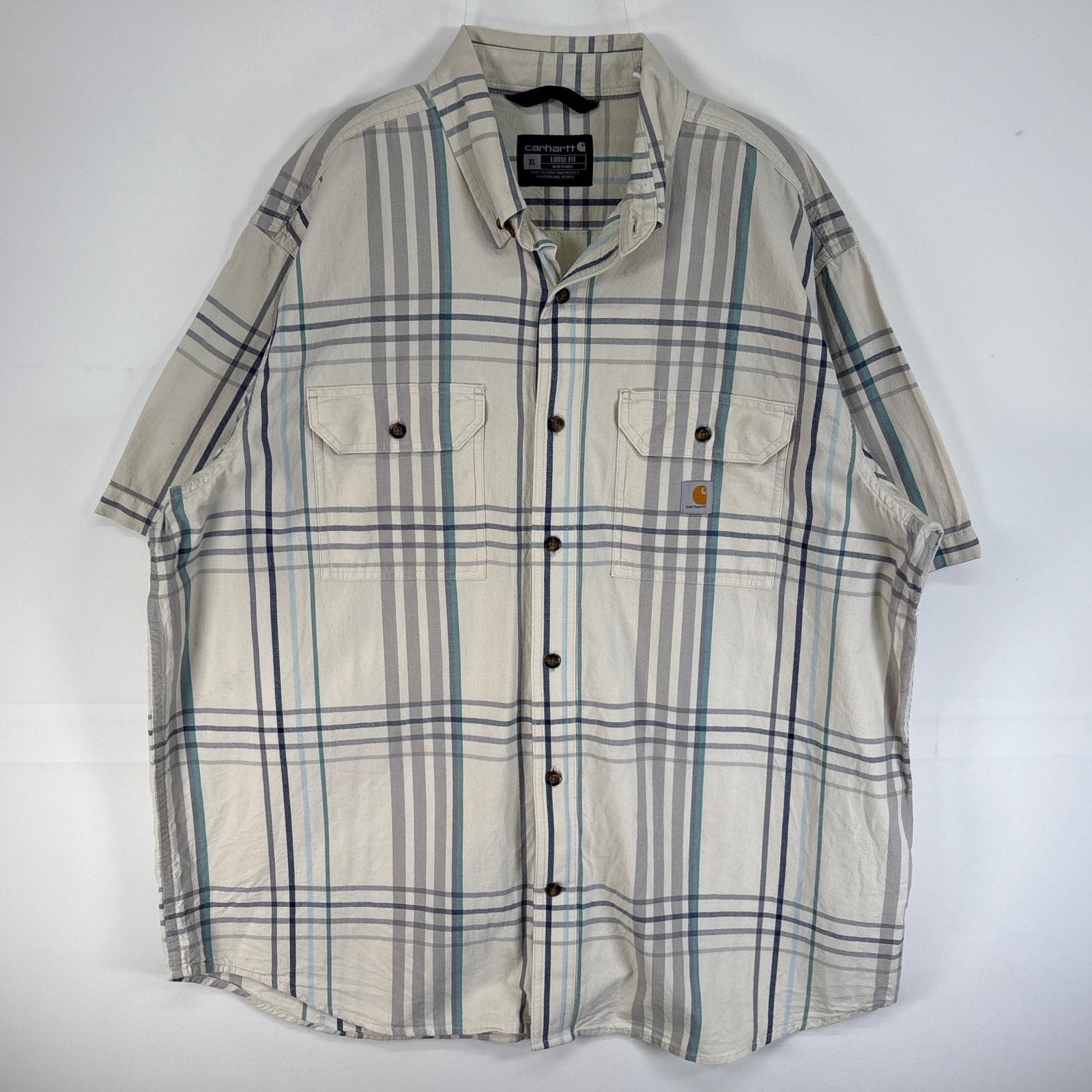 古着 カーハート Carhartt 半袖シャツ チェック 大きいサイズ 肉厚 フラップポケ XL  ベージュ マルチカラー メンズ