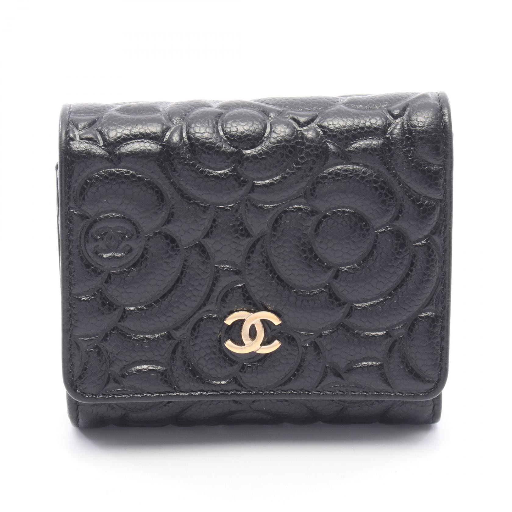 シャネル CHANEL カメリア 三つ折り財布 財布 レザー レディース ブラック系 【中古】
