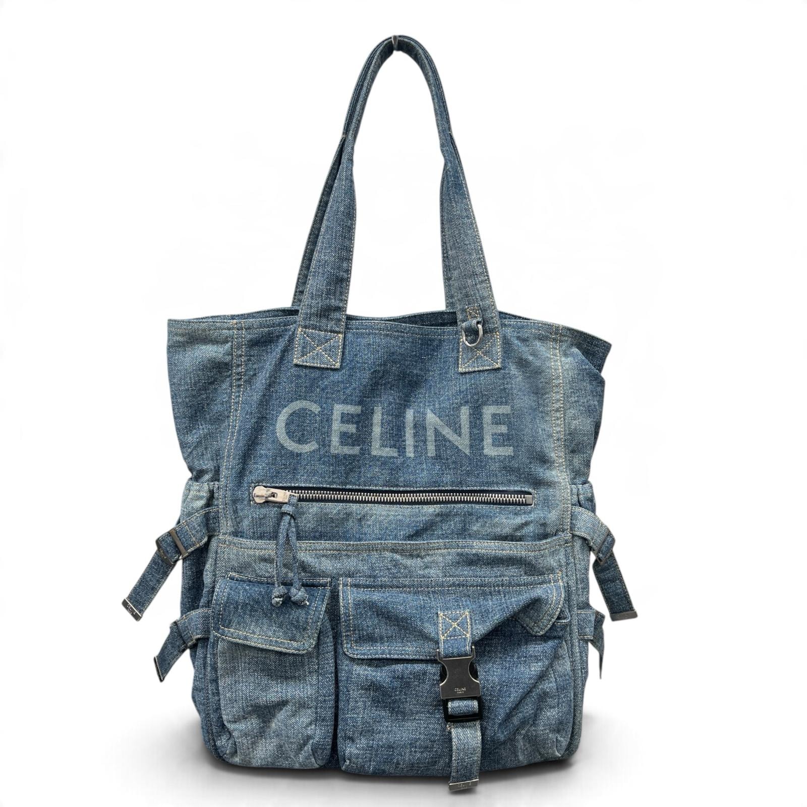 CELINE 希少 美品 セリーヌ 24AW ロゴ デニム カーゴ トートバッグ ハンドバッグ Y2K ABランク 鑑定済 中古 セリーヌバッグ