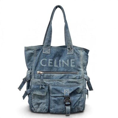 CELINE 希少 美品 セリーヌ 24AW ロゴ デニム カーゴ トートバッグ ハンドバッグ Y2K ABランク 鑑定済 中古 セリーヌバッグ