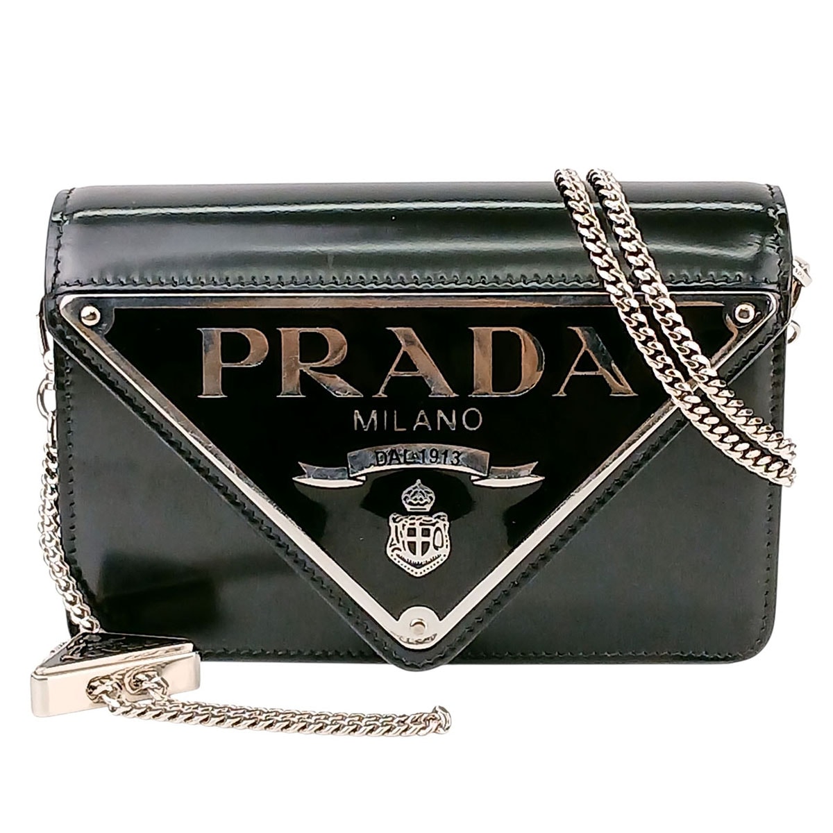 PRADA プラダ トライアングル ロゴ 三角ロゴ チェーン ミニバッグ  ショルダーバッグ 1BH189 レザー ブラック  レディース【中古】