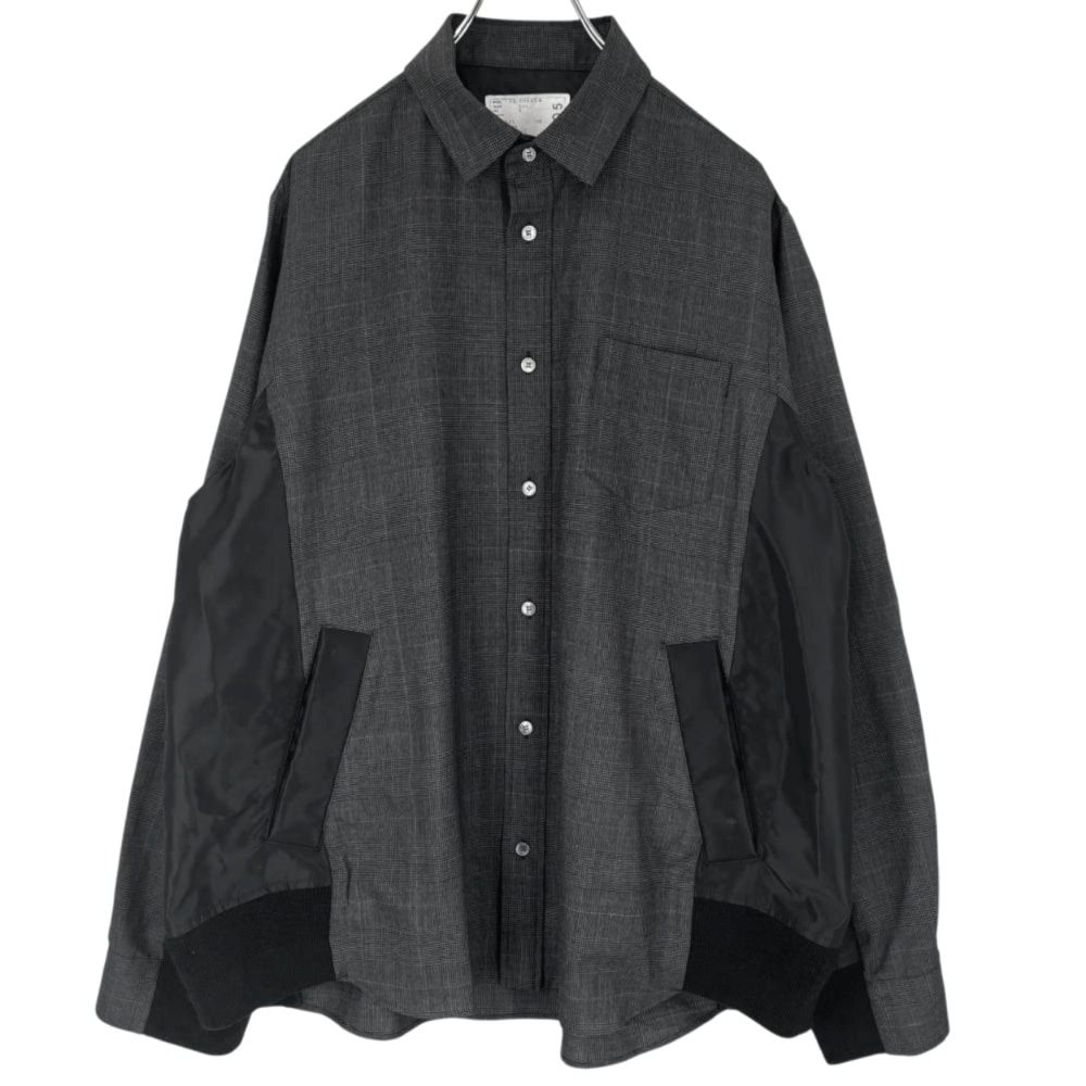 Sacai サカイ 長袖シャツ グレンチェックシャツ 異素材シャツ サイズ3 ブラック 黒 グレー ウール キュプラ メンズ 秋 冬【中古品】