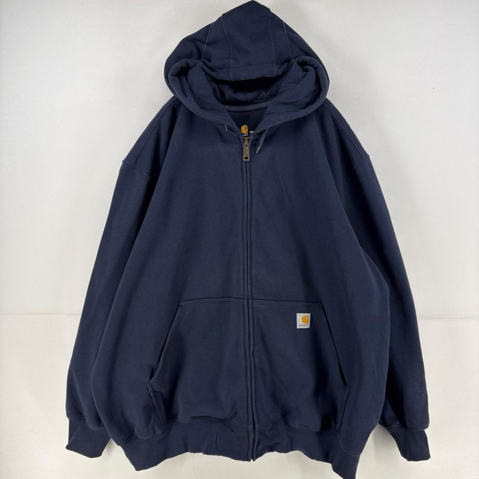 古着 カーハート Carhartt パーカー スウェット 刺繍 フルジップ ロゴ スウェット 大きいサイズ 4XL  ネイビー メンズ