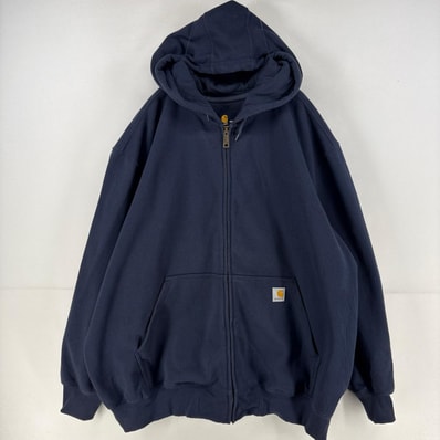 古着 カーハート Carhartt パーカー スウェット 刺繍 フルジップ ロゴ スウェット 大きいサイズ 4XL ネイビー メンズ