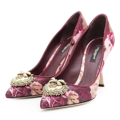 SALE【極美品】DOLCE&GABBANA ドルチェアンドガッバーナ パンプス ハイヒール DGロゴ リボン ハート メタルパーツ ジャガード フローラル 花柄 メタリック シューズ 靴 箱・袋付属 レディース サイズ 37 紫 桃色 金色 イタリア製
