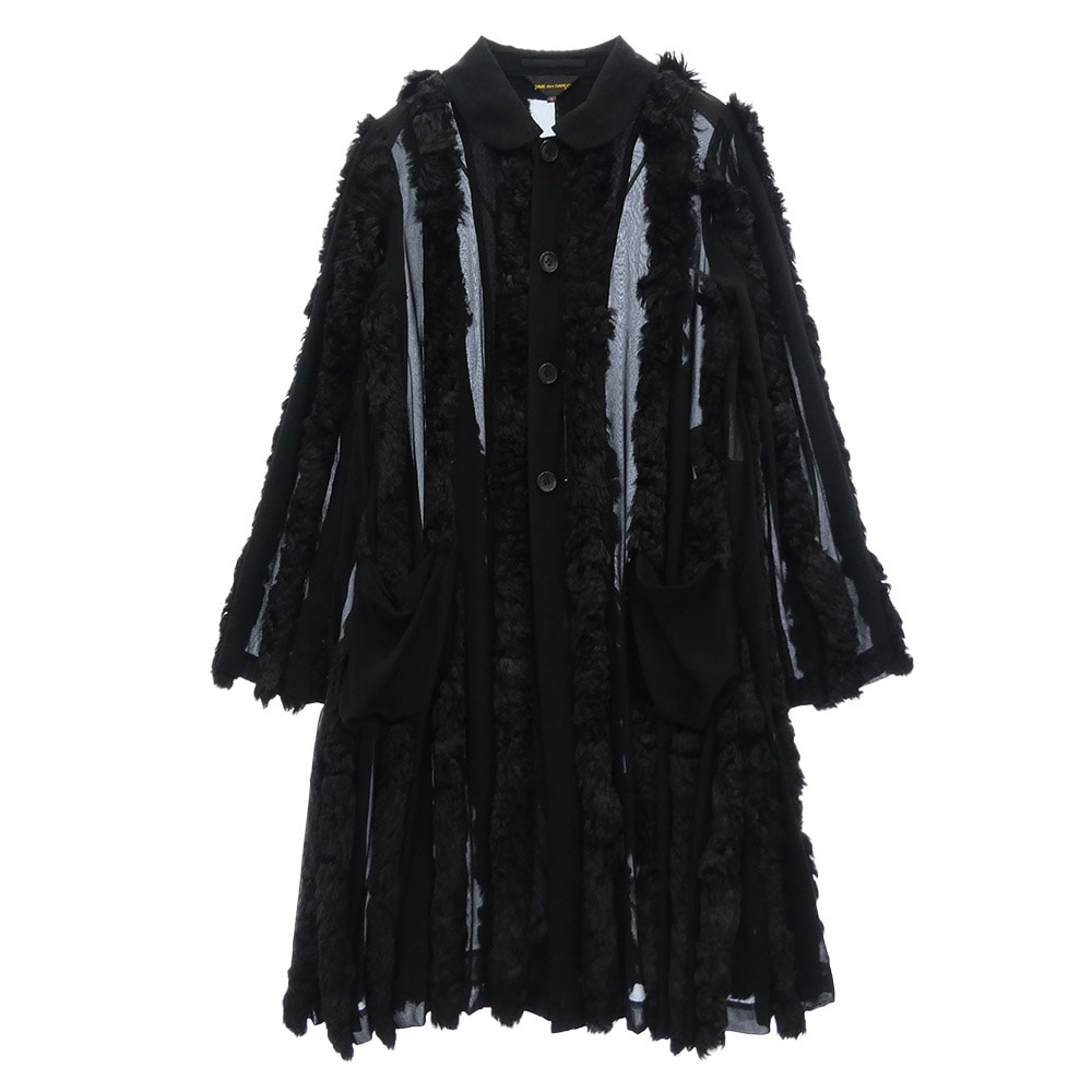 COMME des GARCONS コムデギャルソン コート GQ-C008 AD2015 本ライン 丸襟 フェイクファー シアー ロング コート ブラック系 S【中古】