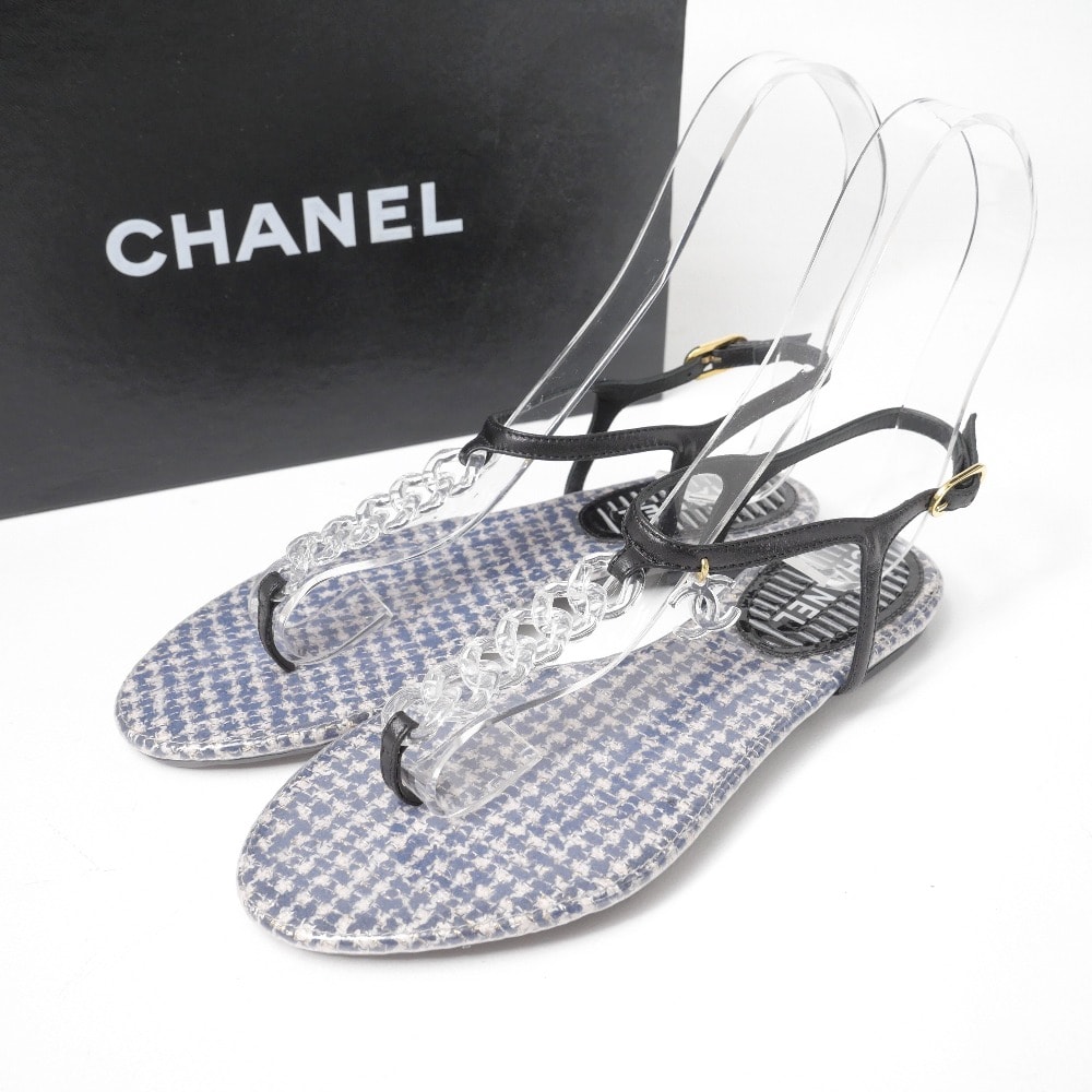 ■美品■CHANEL シャネル サンダル サイズ36 10C ココマーク CC アンクルストラップ チェーン トングサンダル ブランド古着【中古】20260624/RA9916