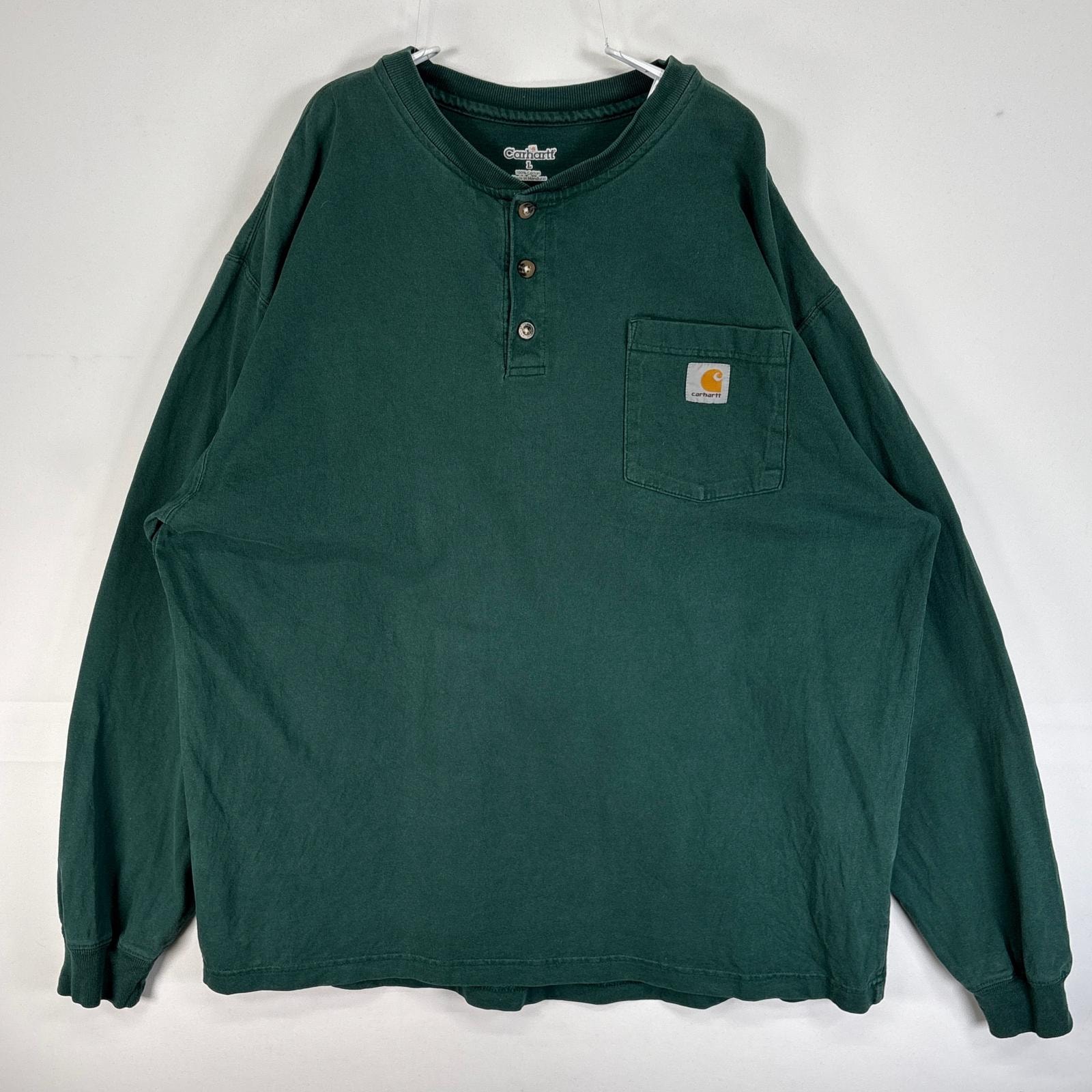 古着 カーハート Carhartt 長袖Tシャツ ヘンリーネック ワンポイント ロゴ 肉厚 L  グリーン 無地 メンズ