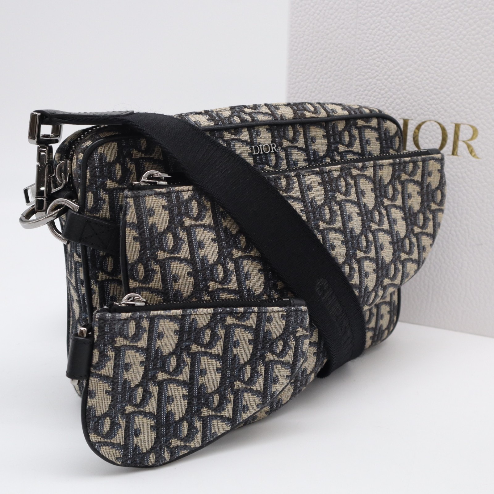 美品 Dior ディオール ディオール オブリーク ジャカード Saddle 3-in-1 バッグ 1ADPO276YKY ショルダーバッグ ネイビー ベージュ カーフレザー コットン レディース