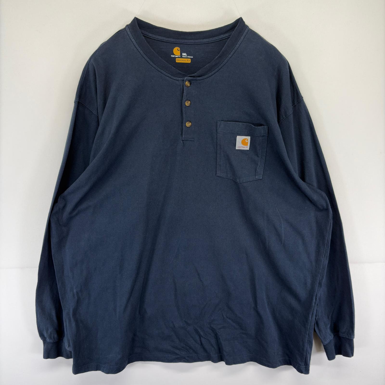 古着 カーハート Carhartt 長袖Tシャツ ワンポイント 大きいサイズ 胸ポケット ヘンリーネック 3XL  ネイビー系 メンズ