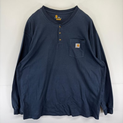 古着 カーハート Carhartt 長袖Tシャツ ワンポイント 大きいサイズ 胸ポケット ヘンリーネック 3XL ネイビー系 メンズ