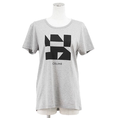 【美品】 セリーヌ ロゴプリント 半袖Tシャツ レディース グレー ブラック XS CELINE