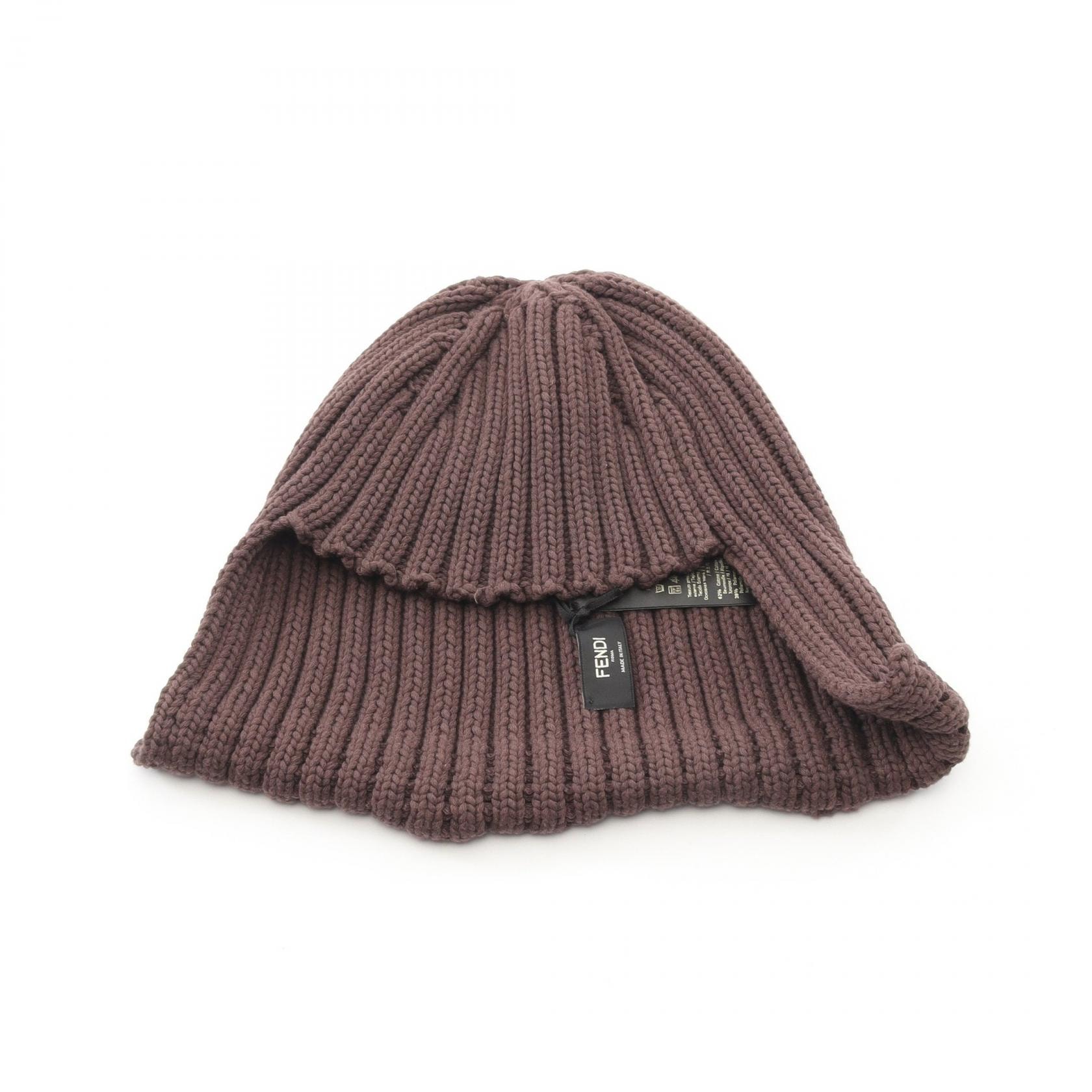 フェンディ FENDI FFロゴ ニット帽 ニットキャップ 帽子 コットン レディース ブラウン系 【中古】