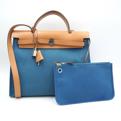 HERMES(エルメス)エールバッグMM ヴィンテージ 2WAYハンドバッグ ショルダーバッグ ブルー キャンバス ナチュラルレザー シルバー金具 □R刻印【中古】