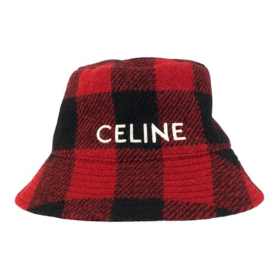 美品 CELINE セリーヌ チェック レッド ウール ポリエステル/ コットン/ バケットハット 601136 【中古】