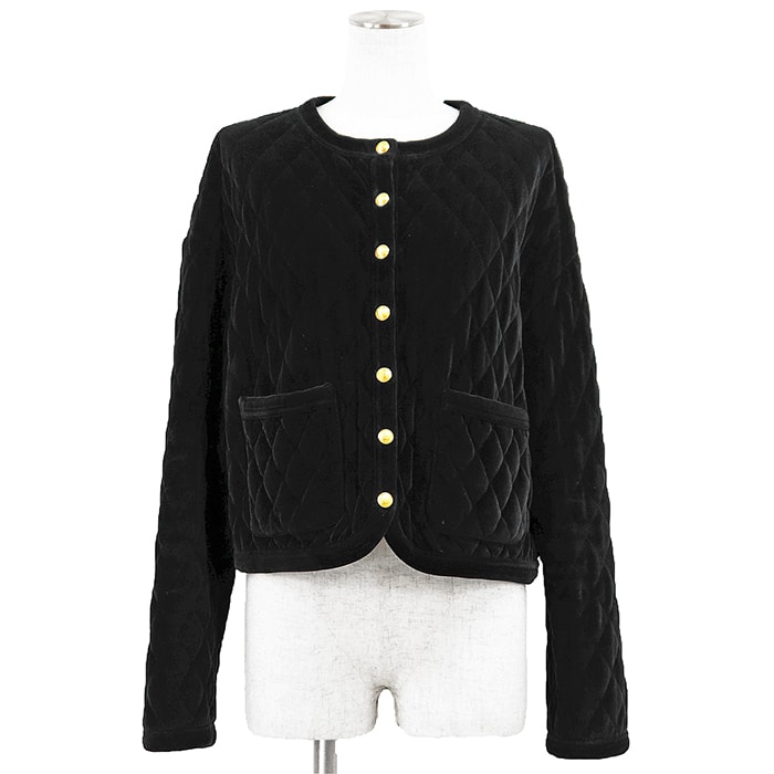 CELINE セリーヌ ジャケット ベロア ダイヤキルティング サイズ 36 レディース パデッド 金ボタン ノーカラー コットン/ナイロン アウター ハンガー付属 ブラック 黒 イタリア製 2Y492679I
