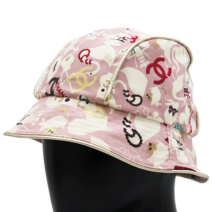 CHANEL シャネル バケットハット サイズ 58 メンズ レディース ユニセックス COCOマーク ロゴ アニマル パイピング ビーチ レザー コットン100%キャンバス 帽子 小物 袋付属 ピンク系 桃色 イタリア製