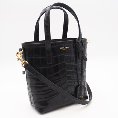 美品 SAINT LAURENT サンローラン クロコ型押し ミニ トイ ショッピング 712367 2wayハンドバッグ ブラック クロコダイル レザー レディース
