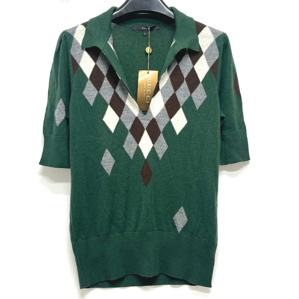 グッチ GUCCI ダイヤモンド柄 アーガイルセーター 205241 アパレル トップス 半袖 ニット ポロシャツ コットン グリーン 新品同様