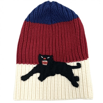 GUCCI グッチ ニットキャップ 猫 キャット ニット帽 ビーニー 帽子 Mサイズ ファッションアイテム トリコロール 452399 ウール マルチカラー レディース 美品【中古品】