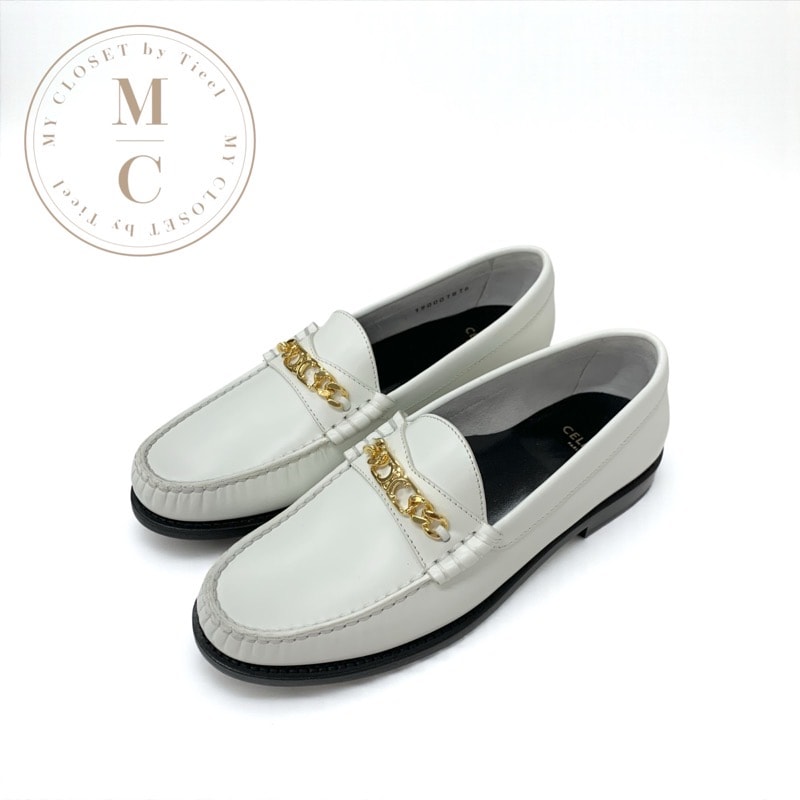 セリーヌ CELINE ローファー 革靴 靴 シューズ レザー ホワイト 白 ゴールド トリオンフチェーン フラットシューズ