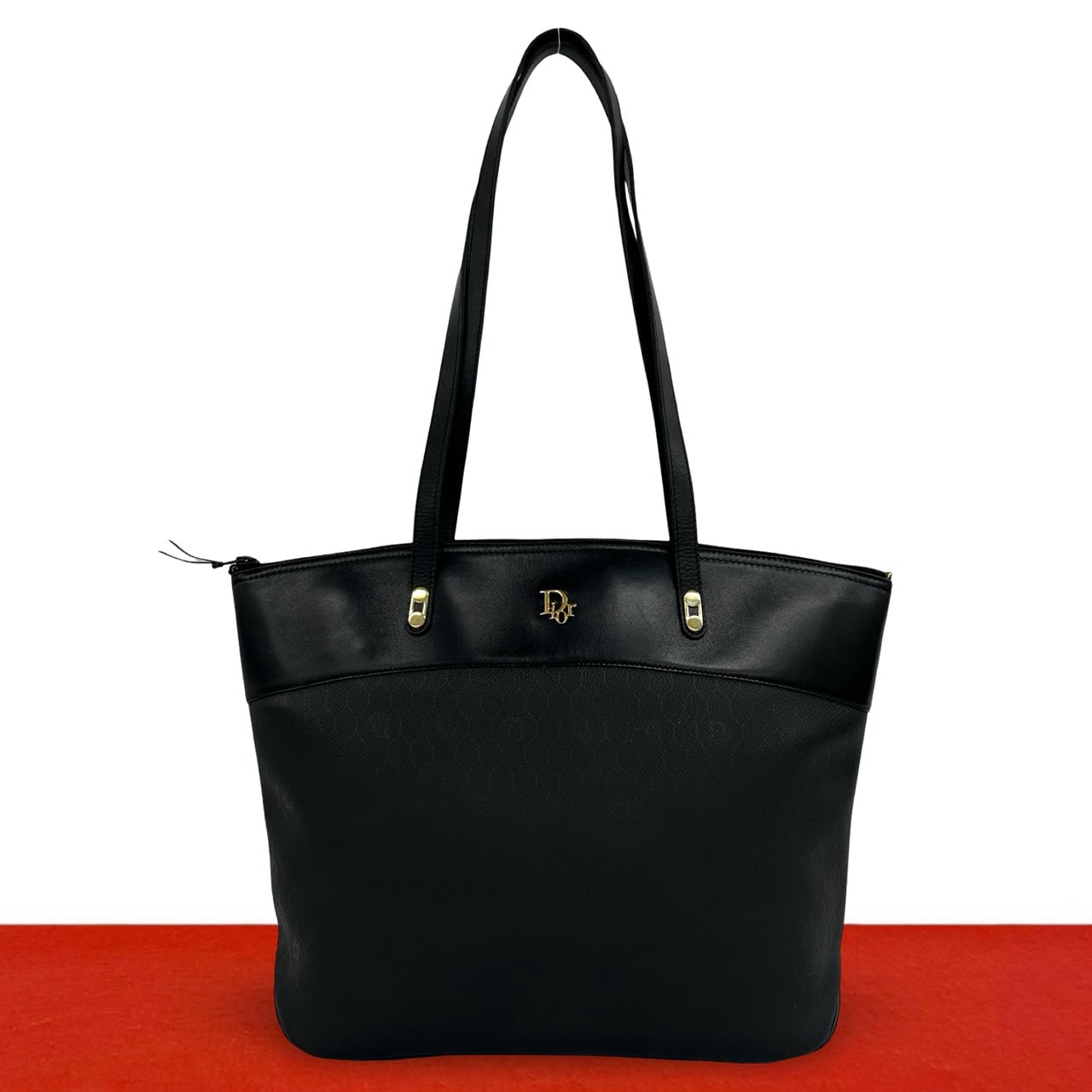 Christian Dior ディオール ハニカム 柄 ロゴ レザー PVC トートバッグ ブラック
 b92-7