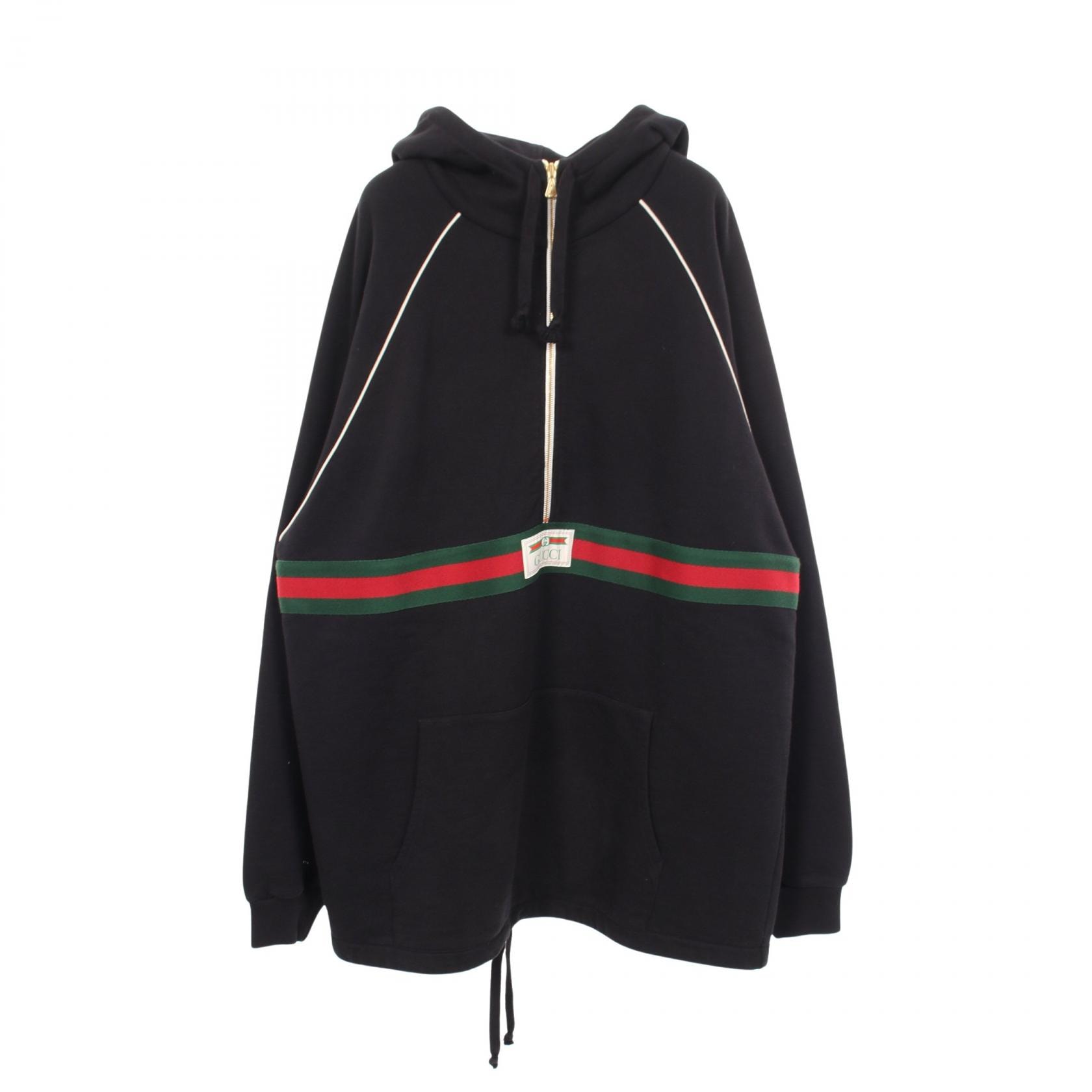 グッチ GUCCI ウェブ シェリーライン GUCCIラベル付き ハーフジップ パーカー 衣料品 トップス コットン メンズ ブラック系 / レッド系 / グリーン系 645320 【中古】