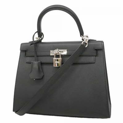 ★SALE【6fd5908-g】エルメス ハンドバッグ ケリー25 ヴォーエプソン ブラック シルバー金具 W刻印 2wayバッグ【中古】レディース