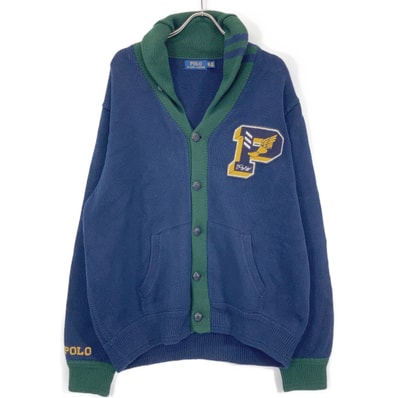 ポロ ラルフローレン ネイビー×グリーン コットン レタード ニットカーディガン XXL