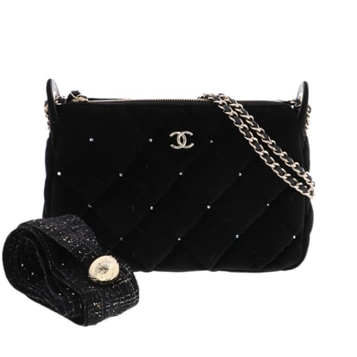 CHANEL シャネル ベロア&ラインストーン チェーンショルダーバッグ ショルダーバッグ AP4861 ベロア ブラック レディース【中古】
