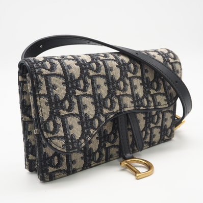 美品 Christian Dior クリスチャンディオール ディオール オブリーク ジャカード サドル ベルト ポーチ S5619CTZQ ウエストバッグ ネイビー ベージュ キャンバス レザー レディース