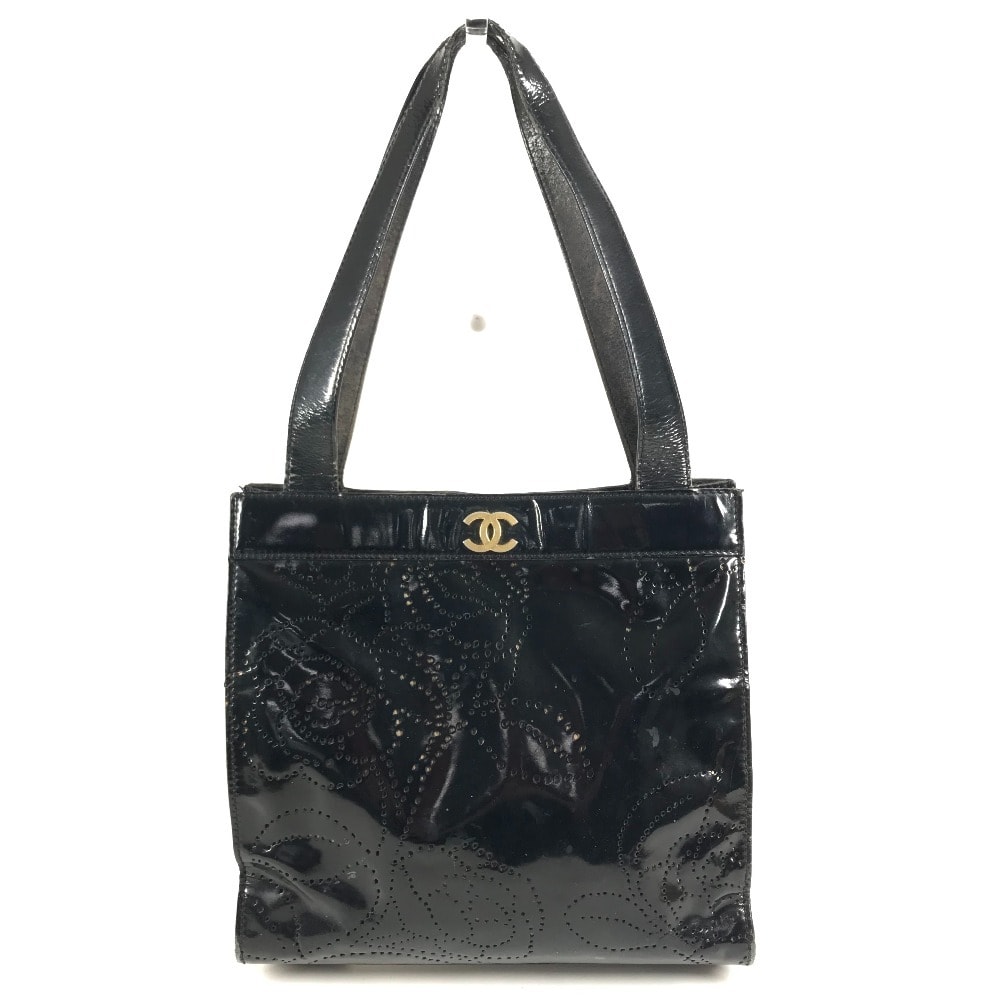 シャネル CHANEL パンチング ロゴ カメリア 花 フラワー ヴィンテージ 肩掛け カバン トートバッグ ハンドバッグ ショルダーバッグ パテントレザー ブラック