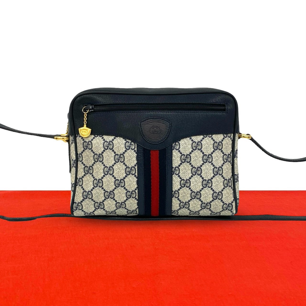 GUCCI グッチ シェリーライン GG 柄 レザー PVC ショルダーバッグ ネイビー
 53492