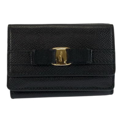 美品 Salvatore Ferragamo サルヴァトーレフェラガモ ヴァラリボン ブラック 黒 ゴールド金具 レザー 折財布 コンパクトウォレット 603960 【中古】