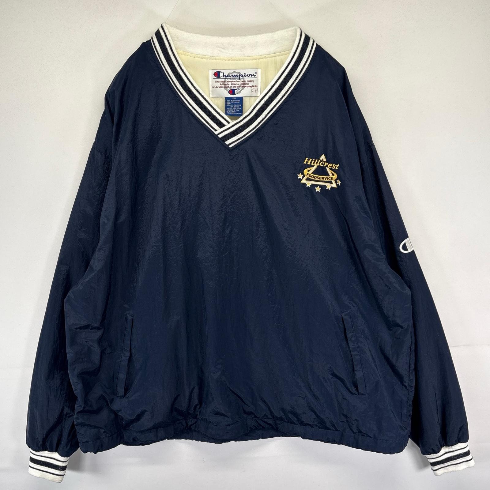 古着 チャンピオン Champion ジャケット ナイロンプルオーバー Vネック 刺繍企業ロゴ 2XL  ネイビー系 メンズ