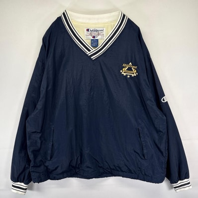 古着 チャンピオン Champion ジャケット ナイロンプルオーバー Vネック 刺繍企業ロゴ 2XL ネイビー系 メンズ