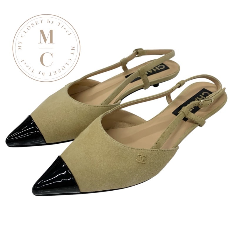 シャネル CHANEL パンプス 靴 シューズ スエード ベージュ ブラック ココマーク スリングバック