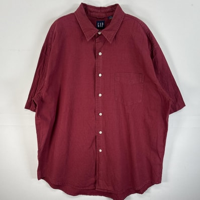 古着 ギャップ GAP 半袖シャツ オールドギャップ ボタンシャツ リネン XL ワインレッド 無地 メンズ