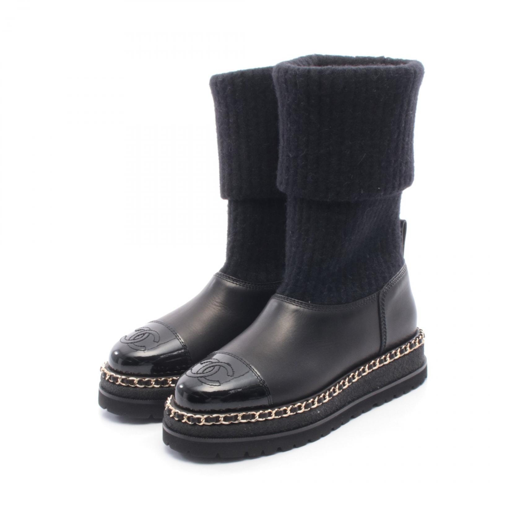 シャネル CHANEL ココマーク ブーツ 靴 ファブリック レザー パテントレザー レディース ブラック系 G39468 【中古】