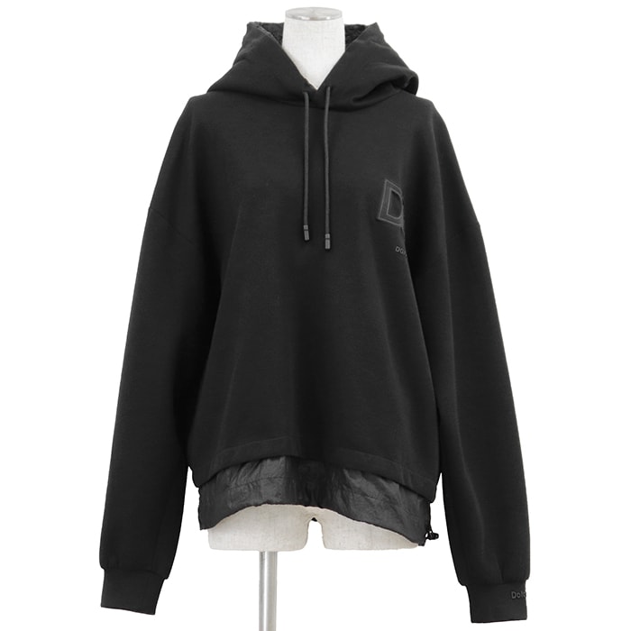 【美品】DOLCE&GABBANA ドルチェアンドガッバーナ レイヤードパーカー サイズ S レディース コットン × ナイロン ロゴ パッチ プルオーバー ジャージー スウェット フーディー トップス ブラック 黒 イタリア製