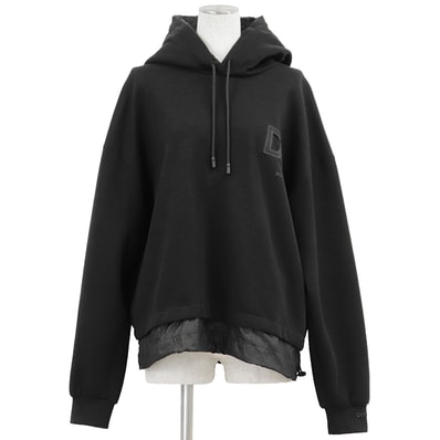 【美品】DOLCE&GABBANA ドルチェアンドガッバーナ レイヤードパーカー サイズ S レディース コットン × ナイロン ロゴ パッチ プルオーバー ジャージー スウェット フーディー トップス ブラック 黒 イタリア製