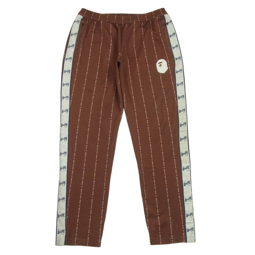 A BATHING APE アベイシングエイプ TEXT STRIPE JERSEY PANTS ストライプ パンツ 中国製 ブラウン系 XL【中古】