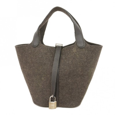 【6da0589-e】エルメス ハンドバッグ ピコタンロックPM フェルト スイフト エベンヌ シルバー金具 Y刻印【中古】レディース