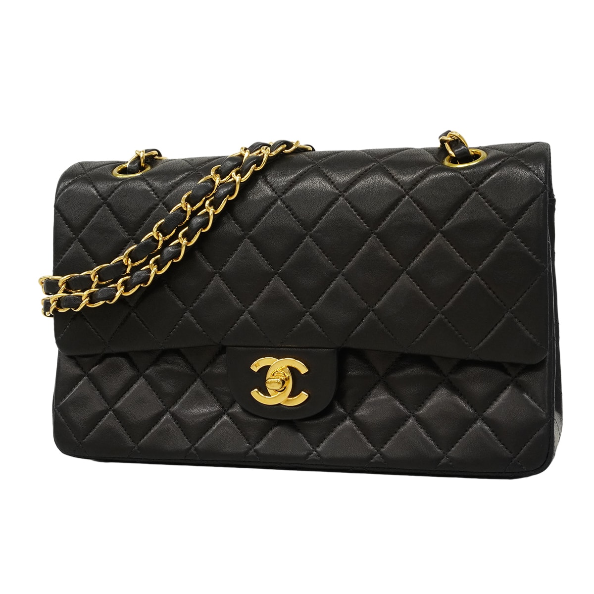 ★SALE【6fa0732】シャネル ショルダーバッグ マトラッセ Wフラップ Wチェーン ラムスキン ブラック ゴールド金具【中古】レディース