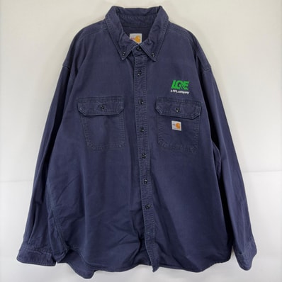 古着 カーハート Carhartt 長袖シャツ ワークシャツ ロゴ 大きいサイズ FR 胸ポケット 作業着 2XL ネイビー メンズ