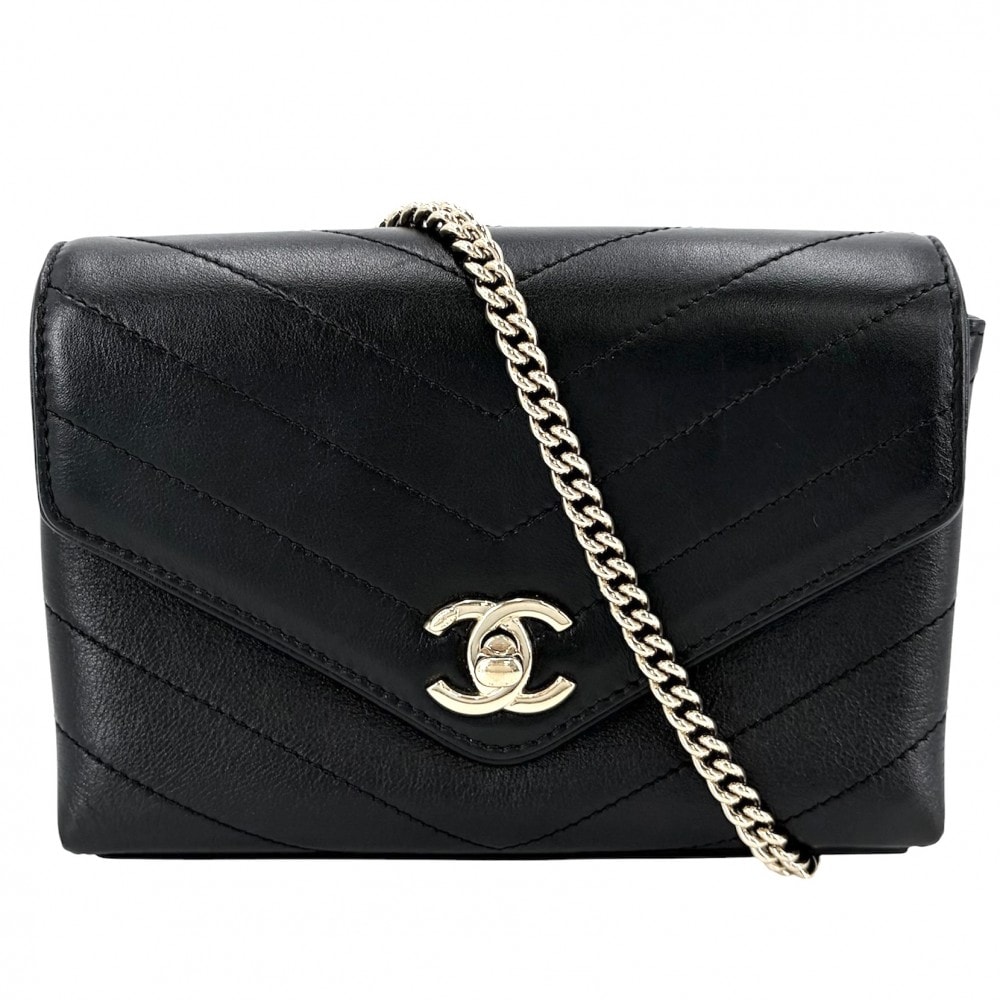 CHANEL シャネル ショルダーバッグ シェブロン Vステッチ ココマーク 肩掛け 斜め掛け レザー ブラック 黒 ゴールド金具 レディース【中古品】