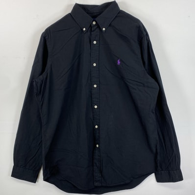 古着 ラルフローレン RALPH LAUREN 長袖シャツ ボタンダウン ロゴ刺繍 ワンポイントロゴ L ブラック 無地 メンズ
