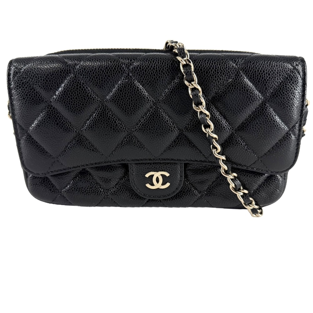 CHANEL シャネル チェーンウォレット マトラッセ ココマーク ショルダーバッグ 肩掛け 斜め掛け 長財布 キャビアスキン ブラック 黒 ゴールド金具 レディース 美品【中古品】