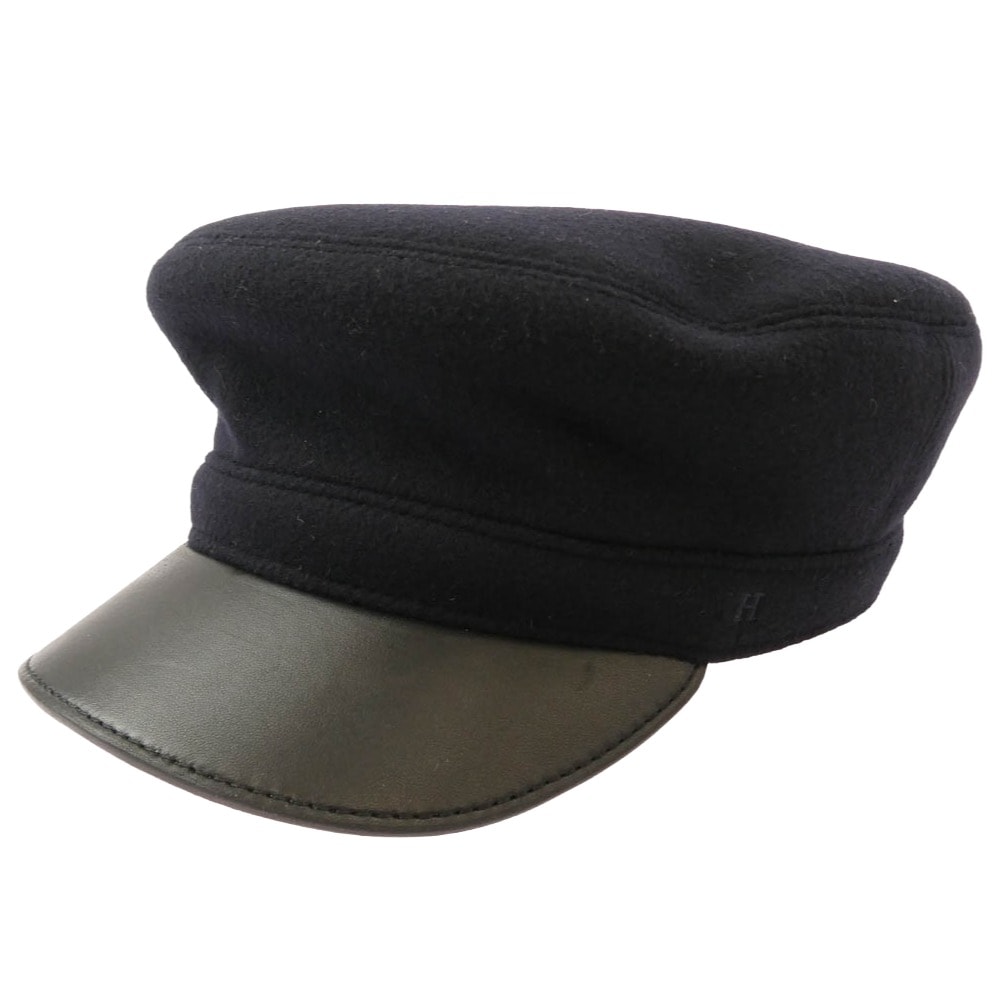 HERMES エルメス キャップ ウール ツバ部分ラムレザー切替 Hロゴ刺繍 キャスケット 帽子 ブラック系 58【中古】