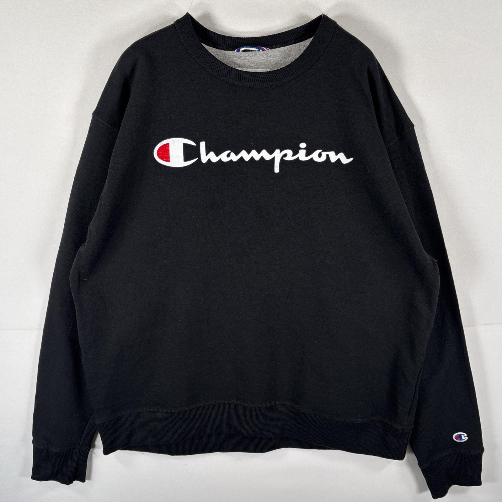 古着 チャンピオン Champion スウェット トレーナー クルーネック 大きいサイズ プルオーバー ビッグロゴプリント XL ブラック メンズ